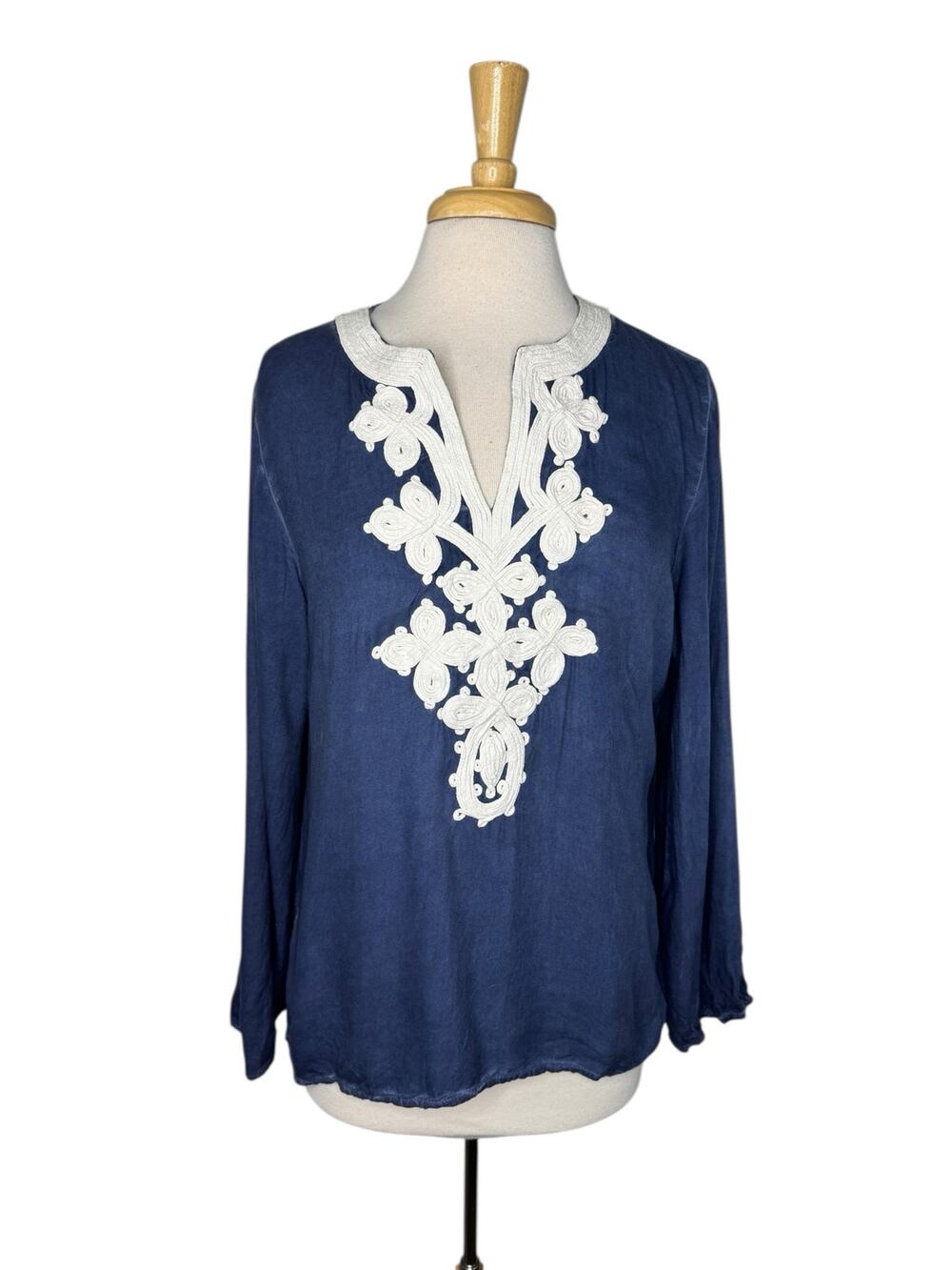 SOFT SURROUNDINGS Nautical Rope Design Navy Blue Tunic Size Large Viscose Blouse